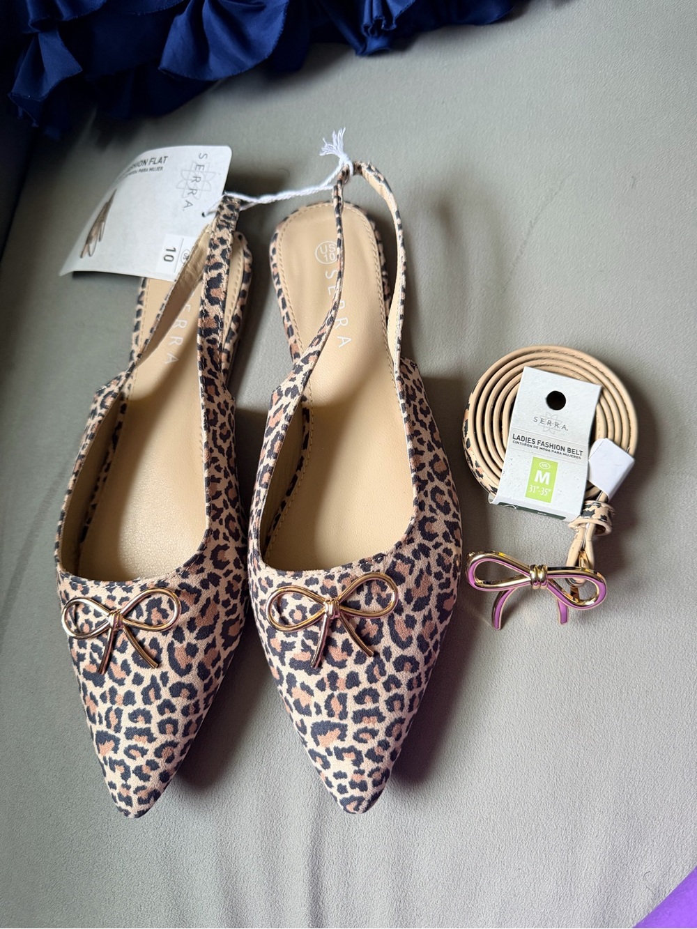 SERRA Women’s Leopard Print Pointed Toe Bow Flats Size 10 + Matching Belt